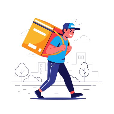 Fast food dağıtım elemanı şehirde müşterilere servis yapmaya hazır sırt çantası taşıyor.