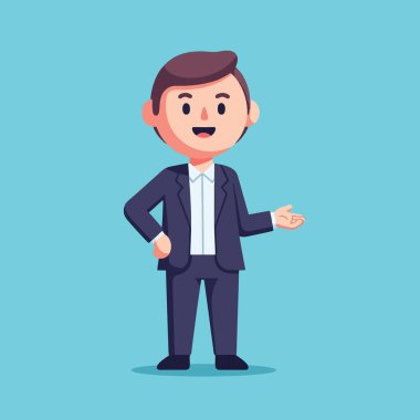 Dost canlısı iş adamı. Mavi arka planda açık elle hoş geldin diyor.