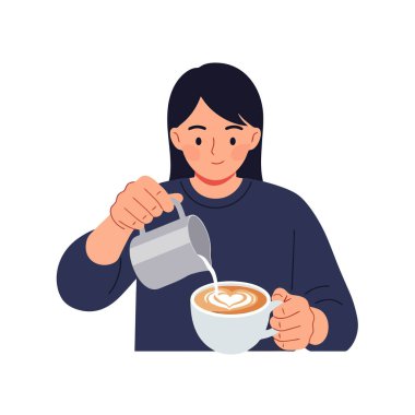 Kahve yapan kadın, nefis köpüklü kahve içen.