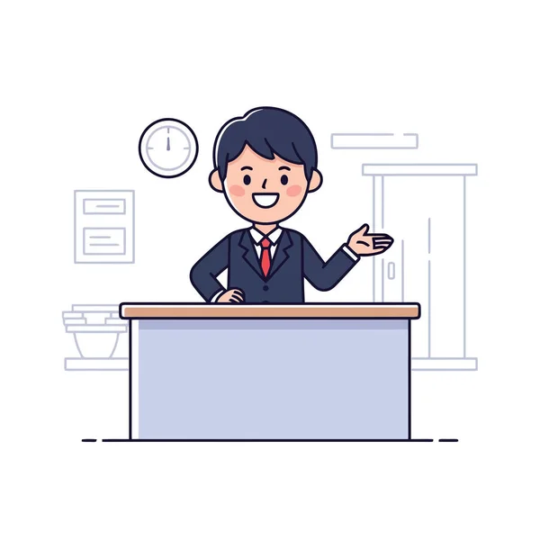 Dost canlısı karikatür işadamı bugün resepsiyona hoş geldiniz diyor.