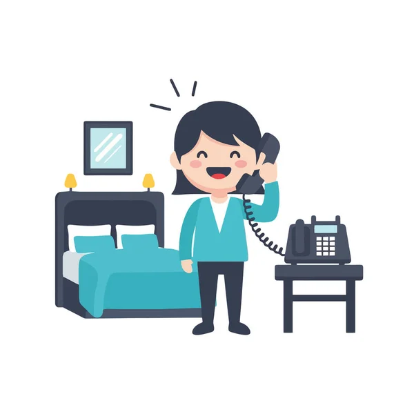 Otel odasında telefonla konuşan mutlu bir kadın, tatil rezervasyonu yaptırıyor.