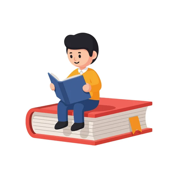 Okumaya dalmış bir çocuk, dev bir kitabın üzerinde oturuyor, bir bilgi dünyası.