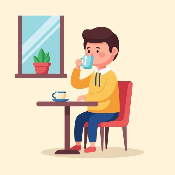 Adam sakin, rahat ve huzurlu bir ortamda sabah kahvesinin tadını çıkarıyor.