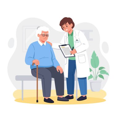 Modern ofis ve sağlık hizmetleri illüstrasyonunda yaşlı hastayı şefkat ile teselli etmek