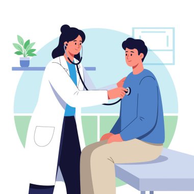 Modern klinikte sağlık kontrolü sırasında hastanın kalp atışlarını steteskopla dinleyen doktor.