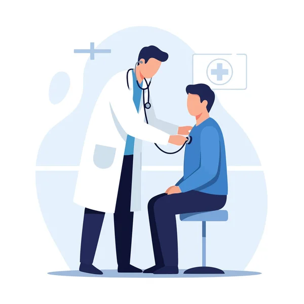 Bakıcı doktor, sağlık ve sağlık hizmetleri tanıtımı için sağlık kontrolü yapılırken hastanın kalp atışlarını dinliyor.