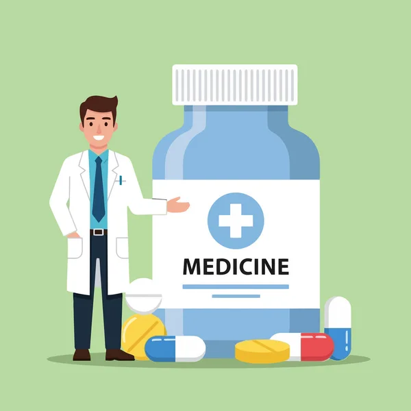 Dost canlısı doktor, sağlık hizmetleri çözümleri ve sağlıklı bir yaşam tarzı için sağlık tavsiyeleri sunan ilaç şişesini sunar.