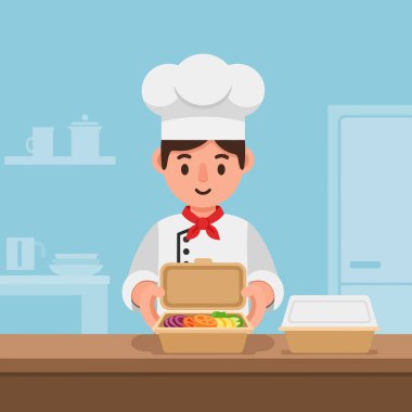 Şef paket servis kutusunda taze renkli salata hazırlıyor.