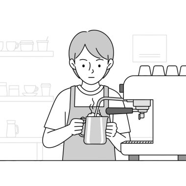 Kahve makinesiyle minimalist kahve dükkanında kahve buharı yapan barista.