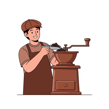 Gülümseyen barista eski öğütücüyle taze kahve çekirdeği hazırlıyor.