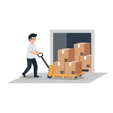 Depo işçisi yükleme rıhtımının yanında içi palet dolu kutuları taşıyor.