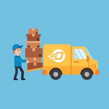 Teslimatçı kutuları hızlı nakliye hizmeti için kamyona yüklüyor.