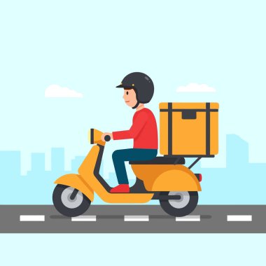 Sarı scooterlı hızlı teslimat sürücüsü termal çantayla şehrin sokaklarında geziniyor.