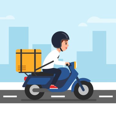 Hızlı teslimatçı, modern hizmet için şehirde paketle mobilete biniyor.