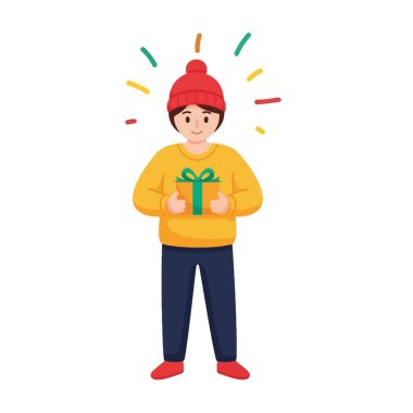 Neşeli bir ifade ve kış şapkasıyla hediye kutusu tutan mutlu bir genç.