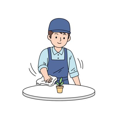 Yeni müşteriler için restoranda masa temizleyen arkadaş canlısı bir garson.