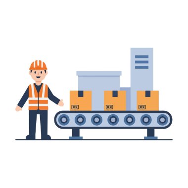 Depo çalışanı paketlenmiş mallarla otomatik taşıma bandını denetliyor