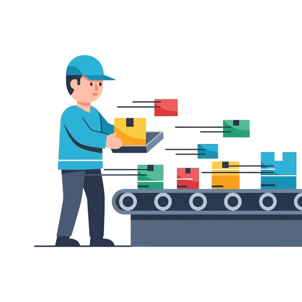 Verimli bir işçi fabrika ortamında taşıyıcı bandındaki renkli kutuları yönetir.