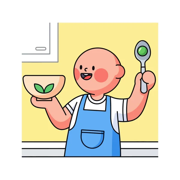 Neşeli şef, mutfakta taze malzemelerle sağlıklı yemek sunuyor.