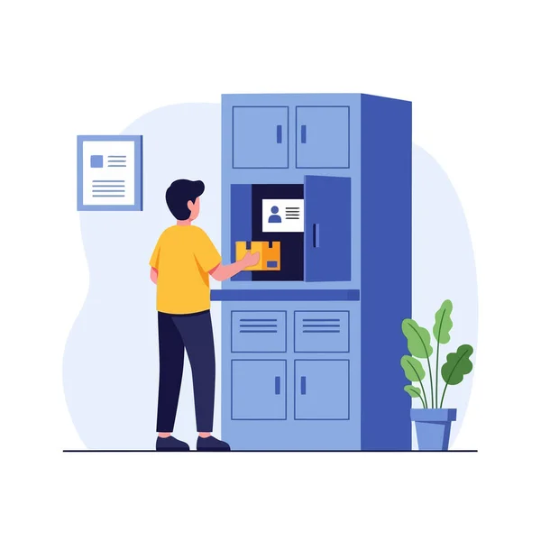 Adam paketi güvenli teslimat ve teslimat için akıllı dolaba koyar.