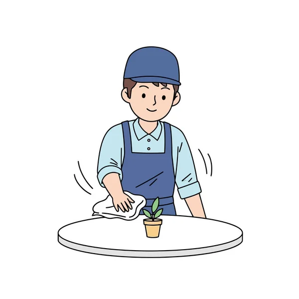 Yeni müşteriler için restoranda masa temizleyen arkadaş canlısı bir garson.