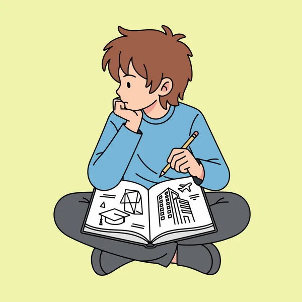 Genç öğrenci deftere mimari tasarımlar ve binalar çiziyor.