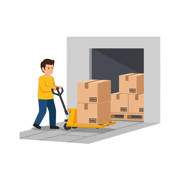 Depo çalışanı içinde palet kriko, lojistik ve teslimat konsepti olan kutuları taşıyor