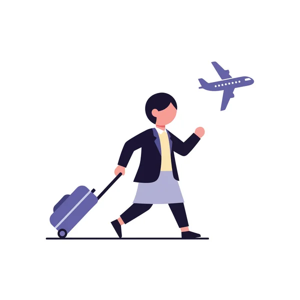 İş kadını valiziyle seyahat ediyor, kariyer başarısı için uçağa biniyor.