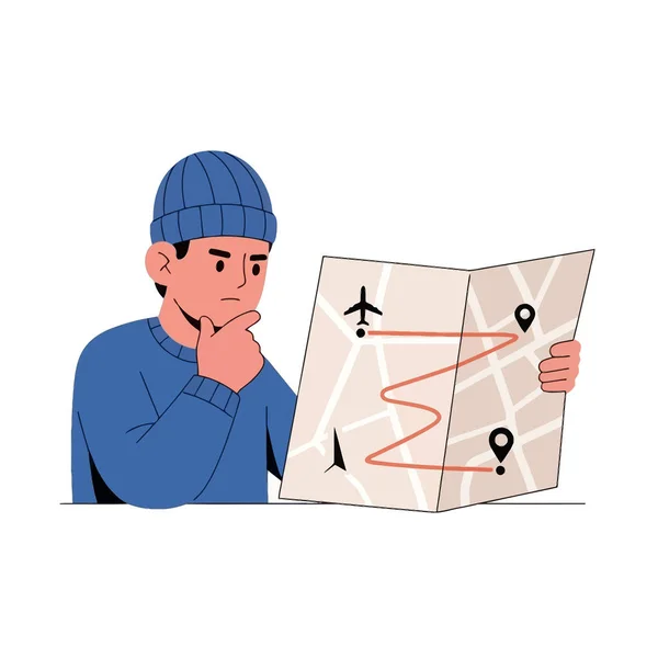 Tatil macerası konsepti için haritada seyahat güzergahı planlayan adam