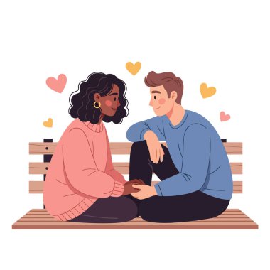 Parktaki bankta el ele tutuşan bir çift kalplerle çevrili, aşkı hissediyorlar.