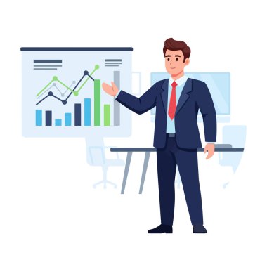 Modern ofis toplantısında büyüme grafiklerini sunan kendinden emin iş adamı