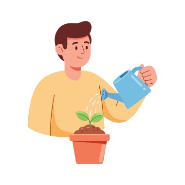 Neşeli bir insan, bir su bidonuyla tencerede küçük bir bitkiyi besliyor.