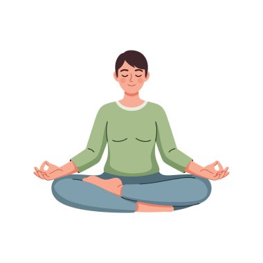 Sakin kadın stres atmak ve sağlıklı olmak için farkındalık meditasyonu yapıyor.