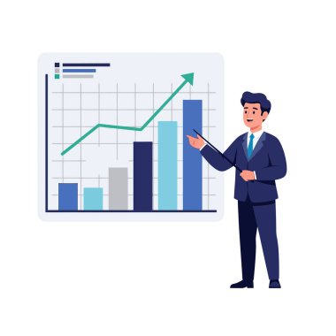 Gelişen büyüme grafiğini ve kendine güvenen adamı gösteren dinamik iş sunumu