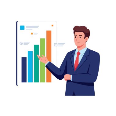 Modern sunumda finansal sonuçlar sunan kendinden emin iş adamı