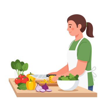 Sağlıklı bir kadın evde canlı sebzelerle taze salata hazırlıyor.