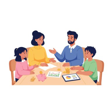 Mutlu aile, finans ve birikimleri ev masasında tartışıyor.