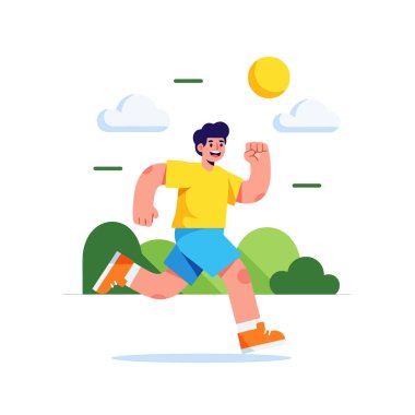 Enerjik bir adam güneşli bir günde sağlık ve zindelik için dışarı koşuyor.