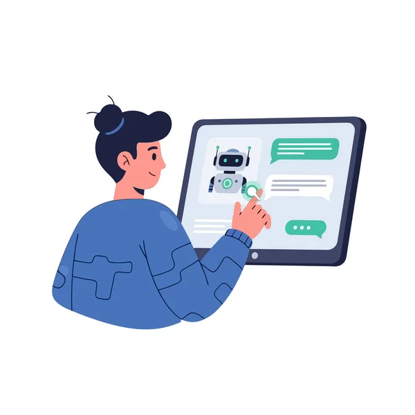 Dijital tabletteki Al Chatbot ile iletişim kuran kişi