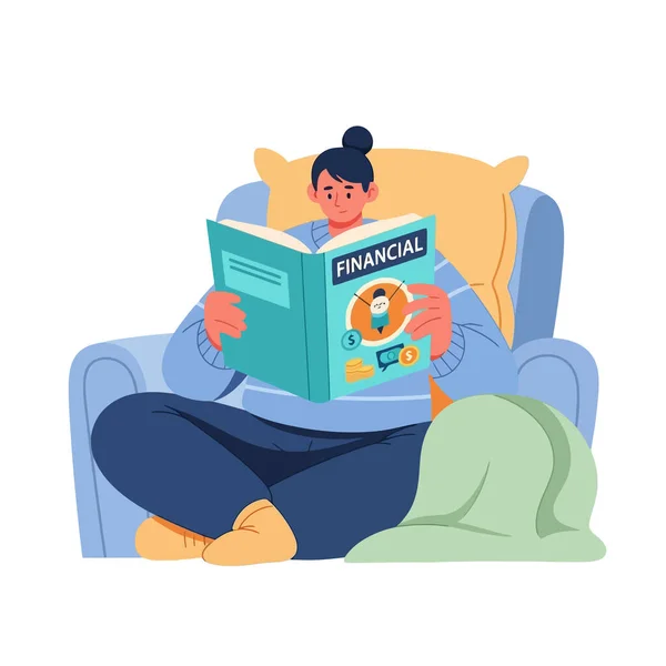 Kadın rahat koltukta dinlenirken finans öğreniyor.