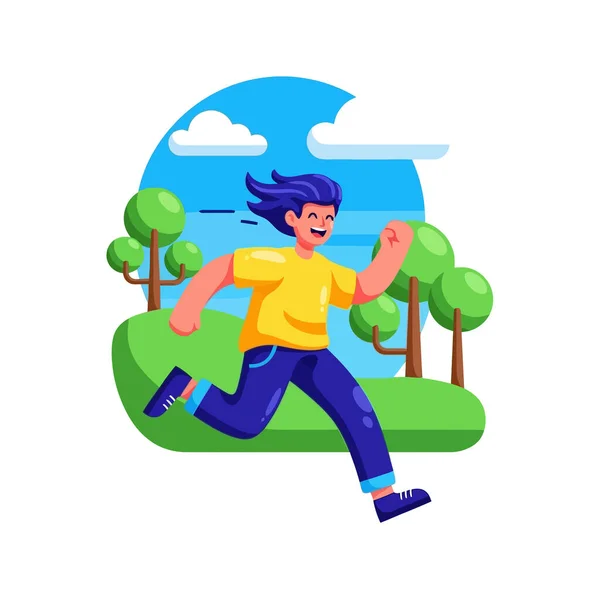 Dinamik çizgi film karakteri güneşli bir günde dışarıda mutlu bir şekilde koşuyor.