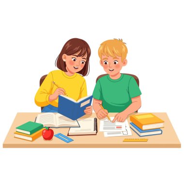 Kitaplar ve okul gereçleri ile birlikte masa başında çalışan odaklanmış öğrenciler.