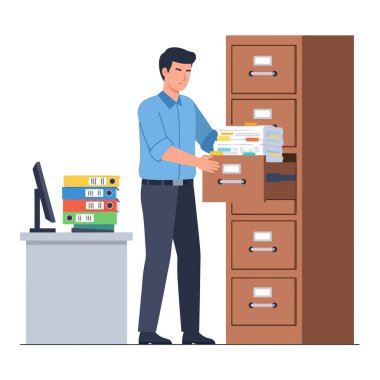Verimli bir çalışan, ofiste doküman düzenler, dolap sistemini düzenler.