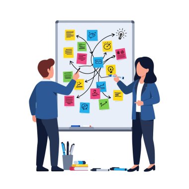 Stratejik planlama için beyaz tahtada beyin fırtınası yapan iş adamları.