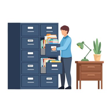 Profesyonel, modern ofisteki dosya dolabını kullanarak müşteri dosyalarını düzenler