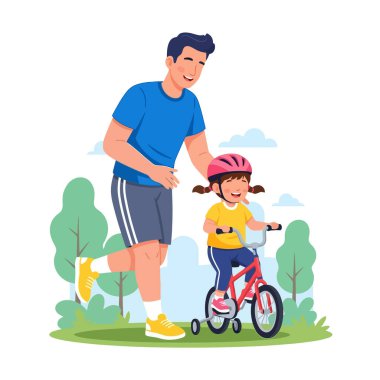 Mutlu bir baba genç kızına güneşli bir günde dışarıda bisiklet sürmeyi öğretiyor.