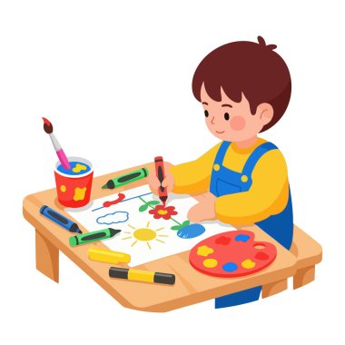 Masasında renkli kalemlerle çiçek çizen yaratıcı genç çocuk.