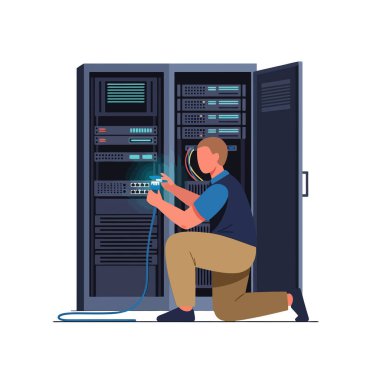 En uygun güncelleme zamanı için sunucu odasında ağ kablosu bağlayan IT teknisyeni