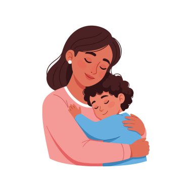 Sevgi dolu anne, uyuyan çocuğunu şefkat ve şefkat ile kucaklıyor.