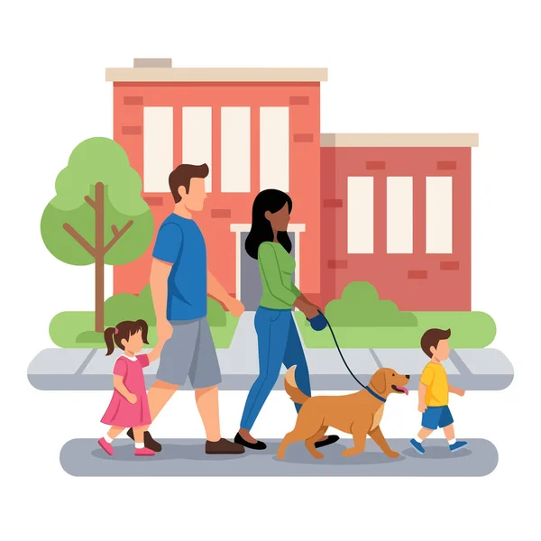 Mutlu, çeşitli bir aile mahallede köpekleriyle yürüyüş yapıyor.